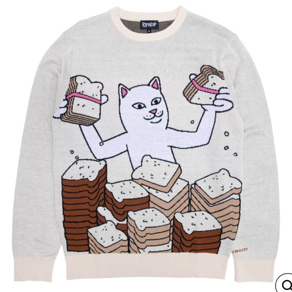Ripndip White Cat and Bread Graphic Sweater